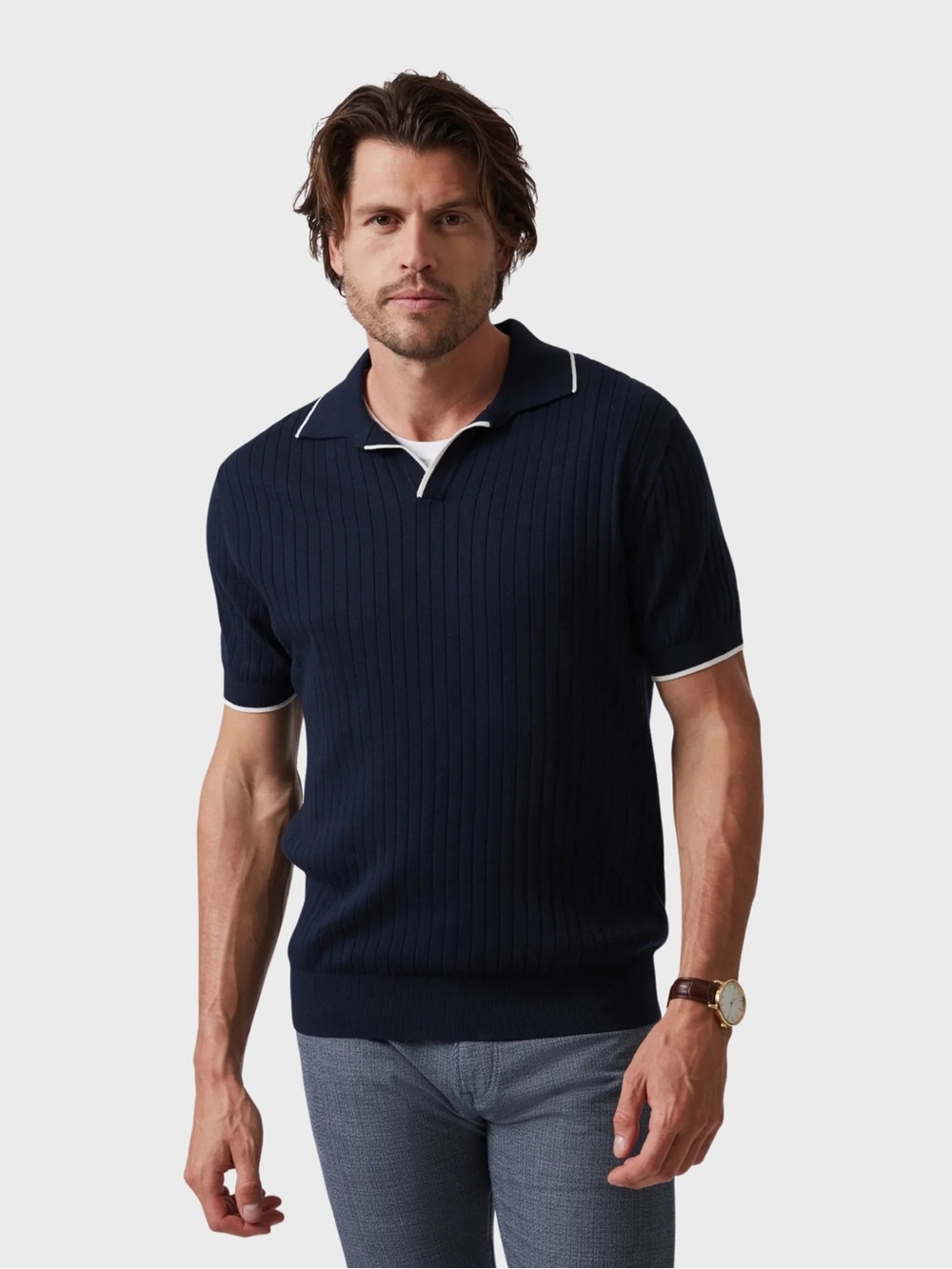 Le 31 Simons Mens 100% cotton Navy Short-Sleeve Ribbed sweater Polo w White Trim
